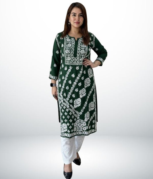 ANAYA Green Lucknowi Chikankari Heavy Modal Kurti