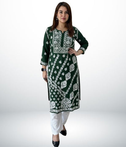 ANAYA Green Lucknowi Chikankari Heavy Modal Kurti