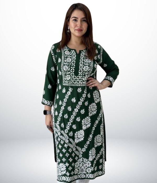 ANAYA Green Lucknowi Chikankari Heavy Modal Kurti