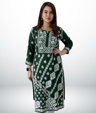 ANAYA Green Lucknowi Chikankari Heavy Modal Kurti