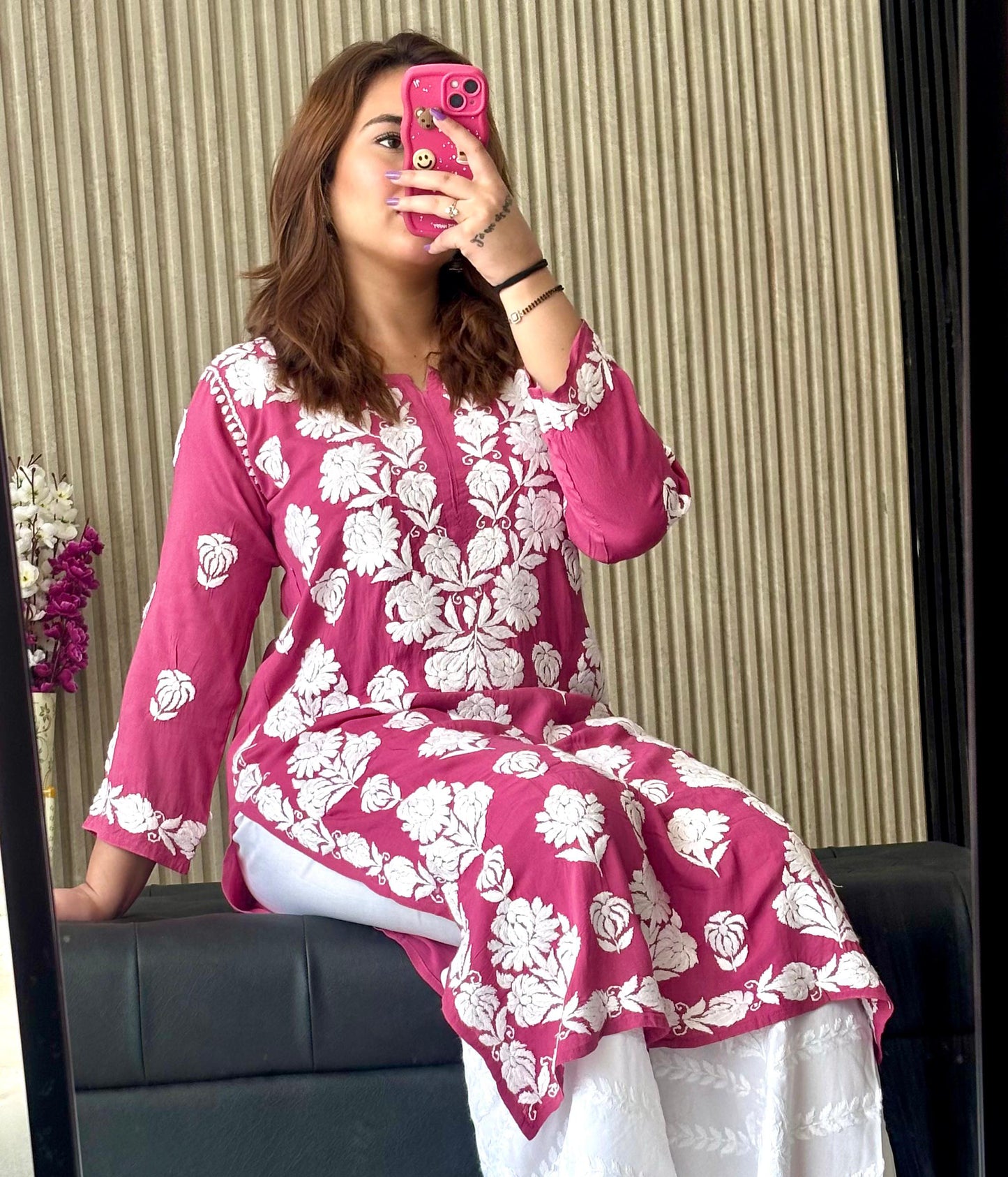 VIDHI Pink Pure Modal Chikankari Kurti
