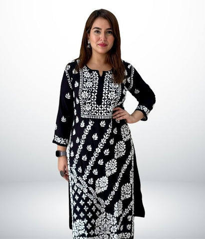 ANAYA Black Lucknowi Chikankari Heavy Modal Kurti