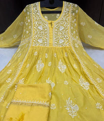 KALA Yellow Pure Mulmul Chikankari Pearl Gown Dupatta Set