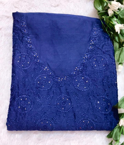 ANUSHKA Blue Pure Mul Chanderi Chikankari  Mokaish Embellishment