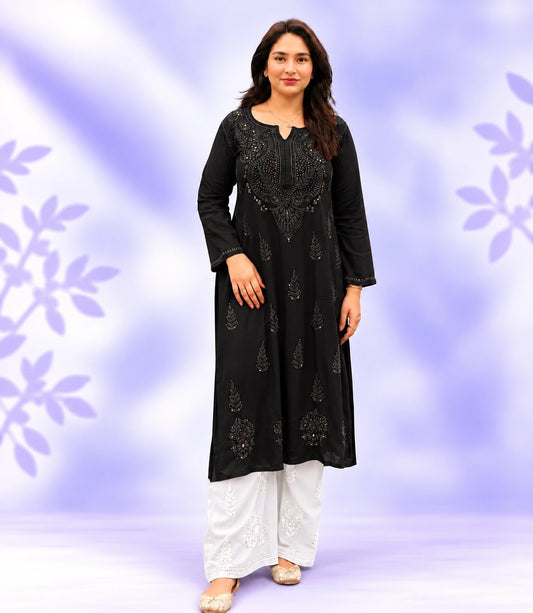 ANAMIKA Black Modal Silk Mokaish Chikankari Kurta Palazzo Set