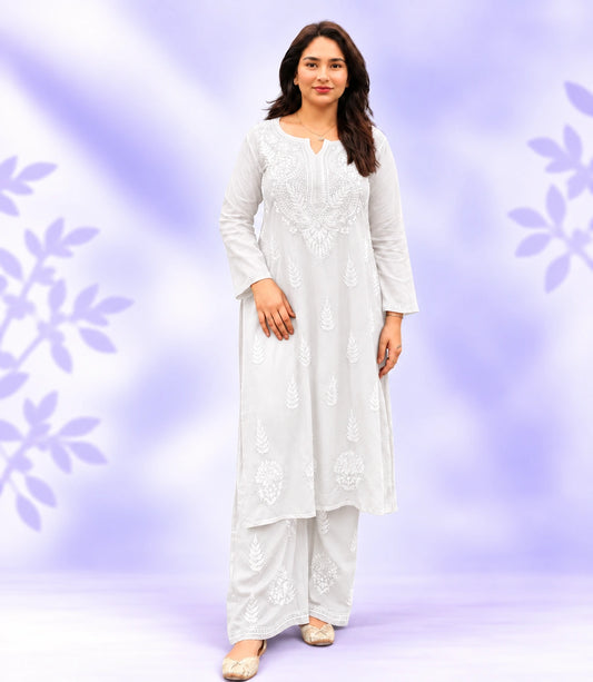 ANAMIKA White Modal Silk Mokaish Chikankari Kurta Palazzo Set