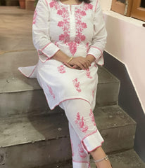 RUHANI Pink Pure Mul Cotton Chikankari Kurti and Pant Set
