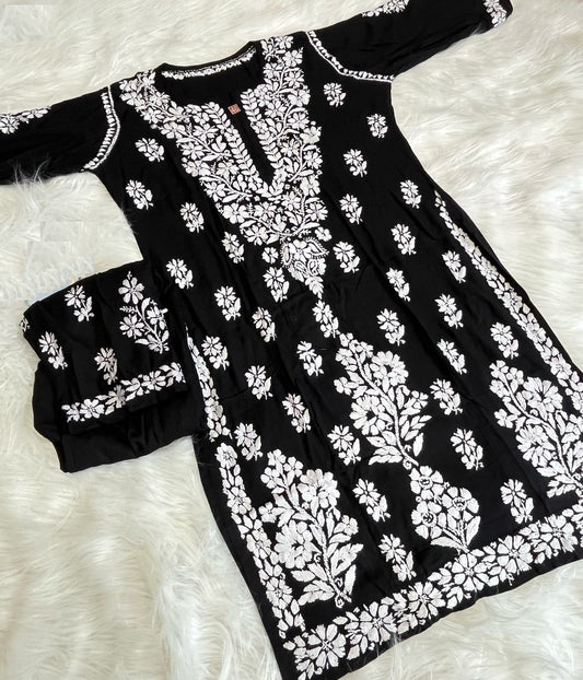 NATASHA Black Pure Modal Chikankari Kurta Palazzo Set