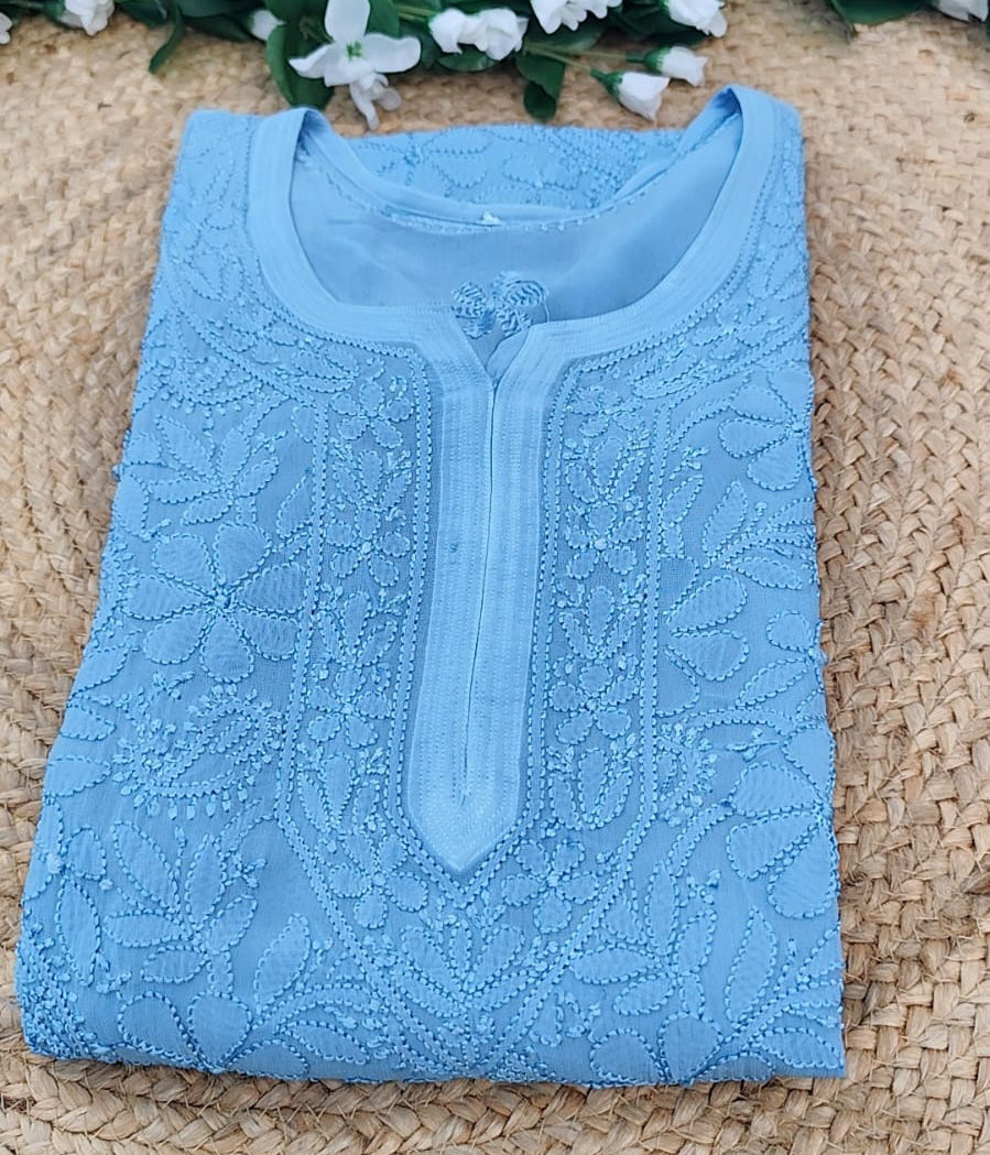 SANDHYA Blue Pure Viscose Chikankari Resham 4pcs Set