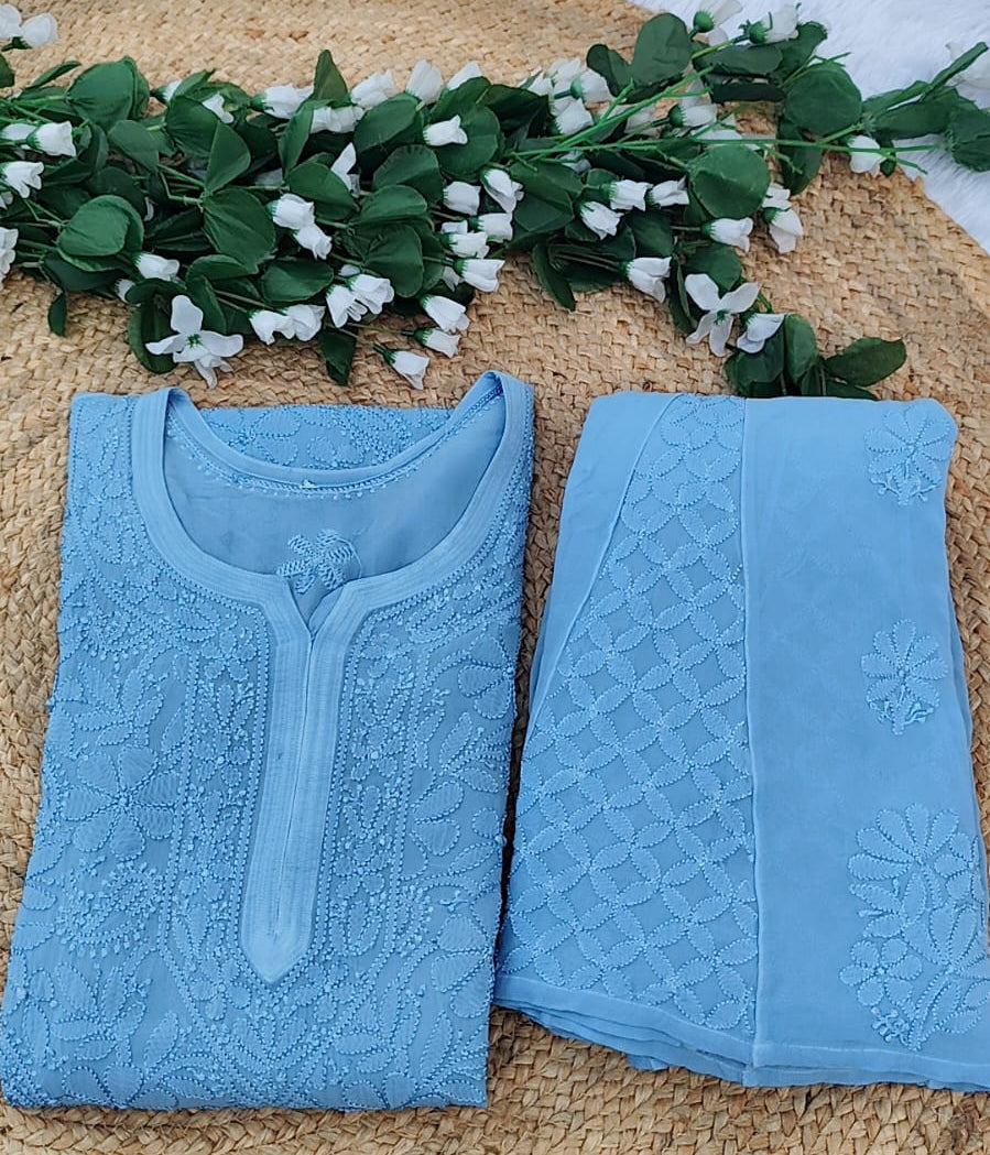 SANDHYA Blue Pure Viscose Chikankari Resham 4pcs Set