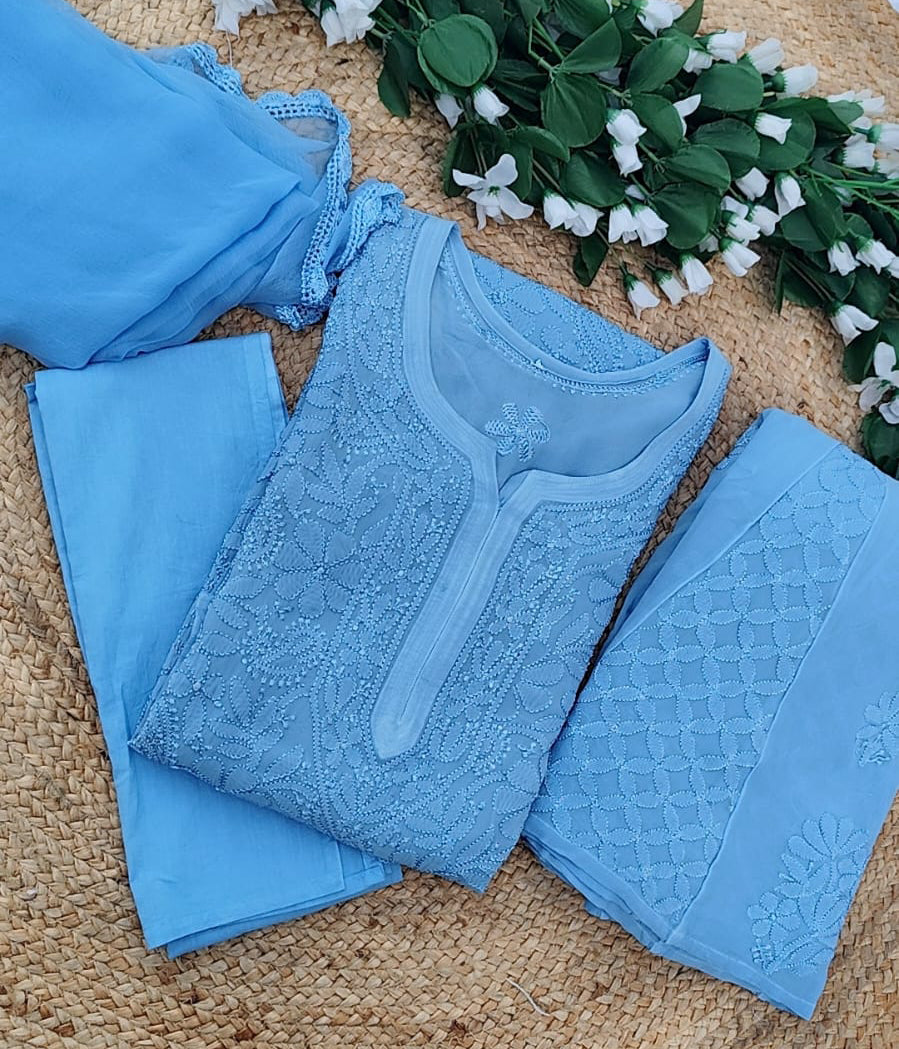 SANDHYA Blue Pure Viscose Chikankari Resham 4pcs Set