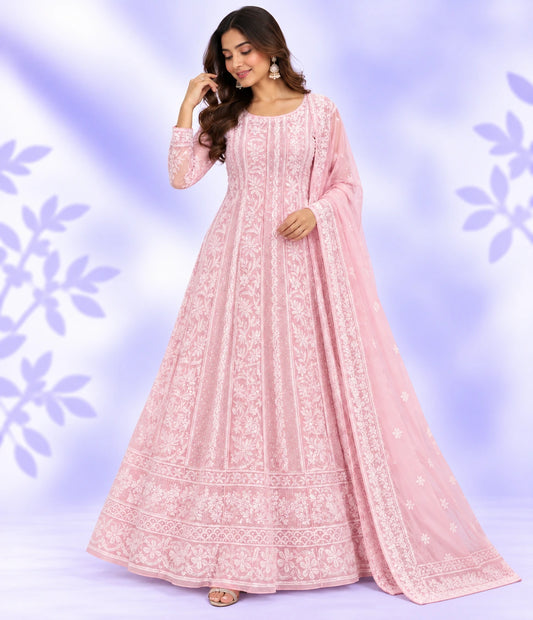 SAANVI Viscose Georgette Chikankari Anarkali with Dupatta | Pearl & Cutdana Work | Dyeable