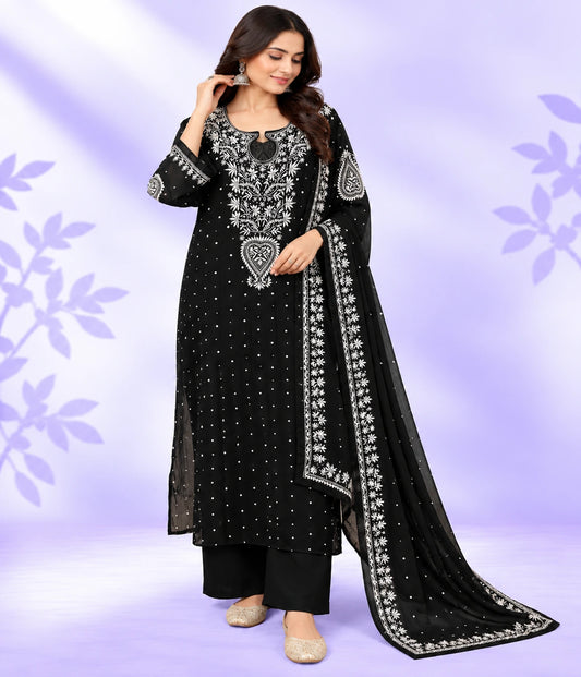 YASHI Luxury Mal Chanderi Handcrafted Chikankari Suit with Kasab, Pearl & Katdana Work