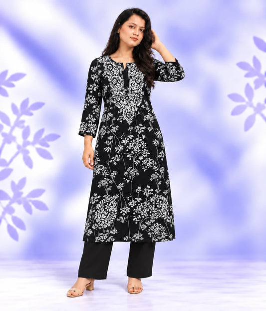 NISHA Black Mulmul Printed Chikankari Long Kurta