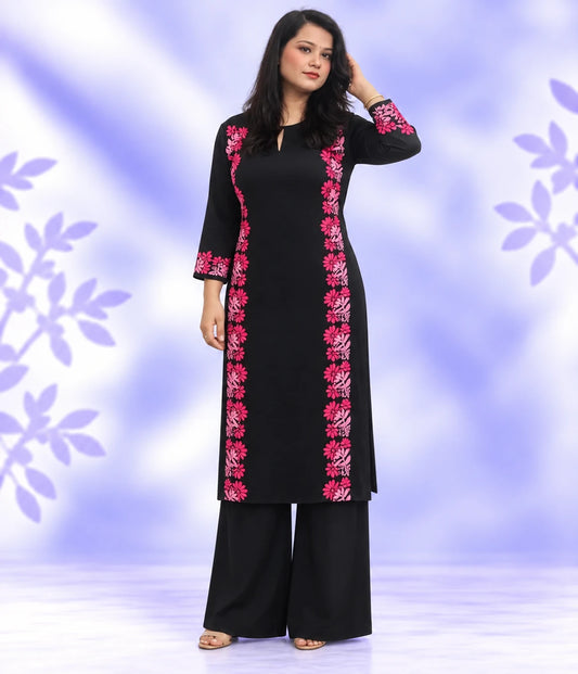 SAKSHI Luxe Modal Chikankari Kurti with Pink Hand Embroidered Floral Work