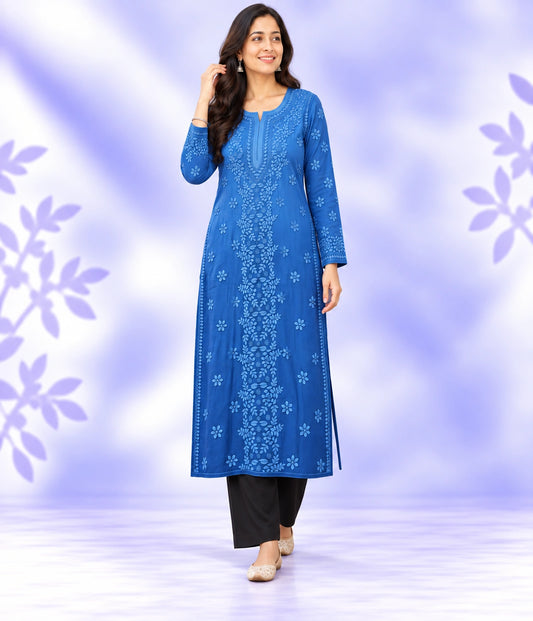 NITYA Blue Pure Viscose Dyeble Chikankari 3D Emboss Omray Kurti