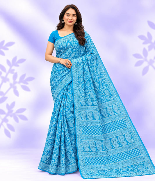 ZIA Blue Georgette Chikankari Saree With Blouse