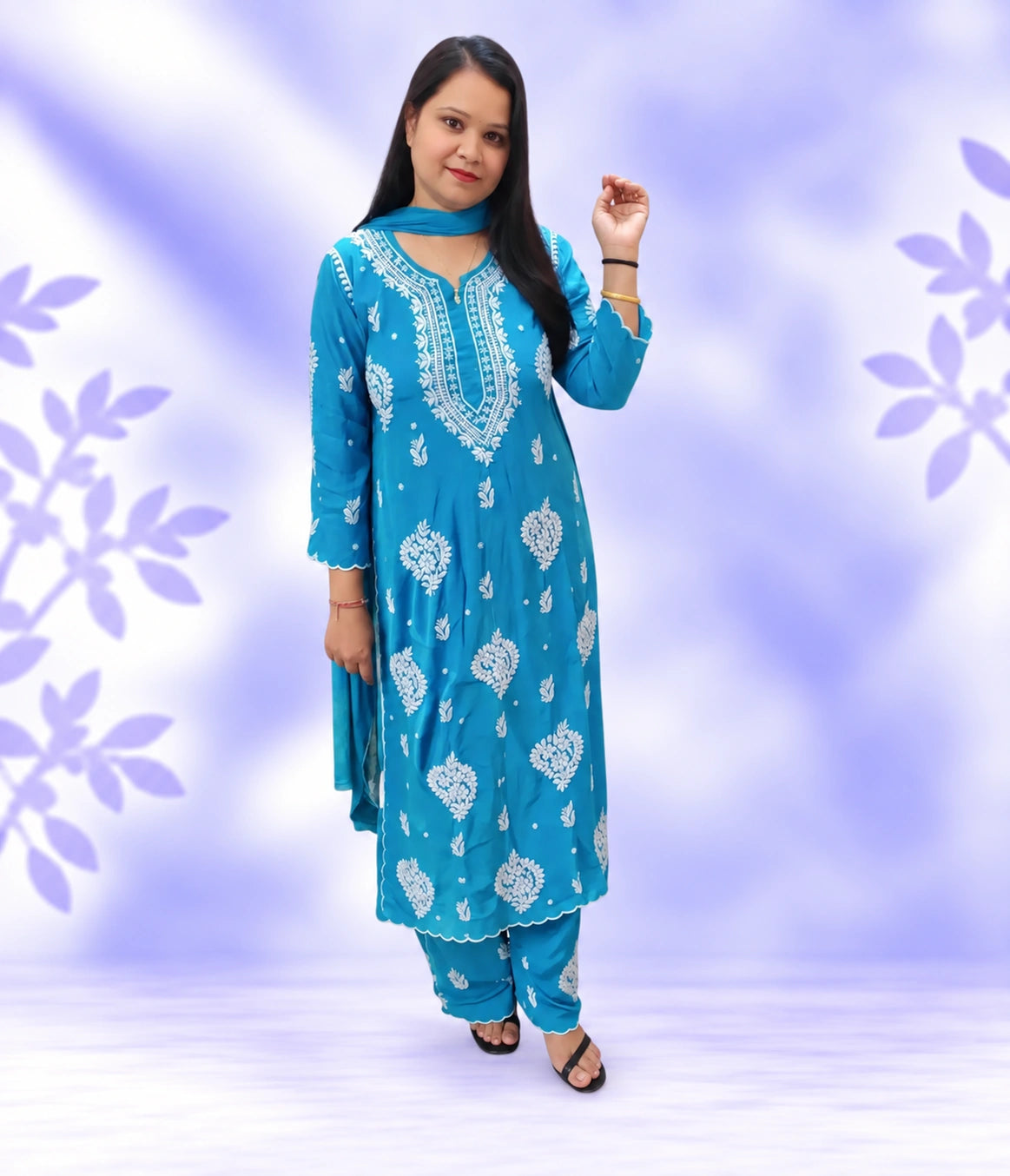 ANIKA Pure Crape Dyeable Chikankari 3pcs Kurti Palzzo Set