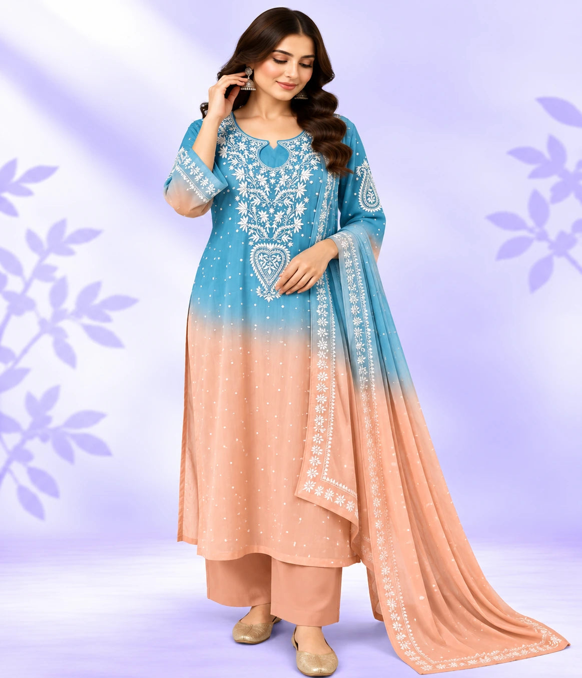 YASHI Luxury Mal Chanderi Handcrafted Chikankari Suit with Kasab, Pearl & Katdana Work