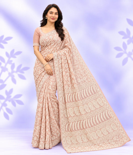 ZIA Peach Chikankari Saree With Blouse