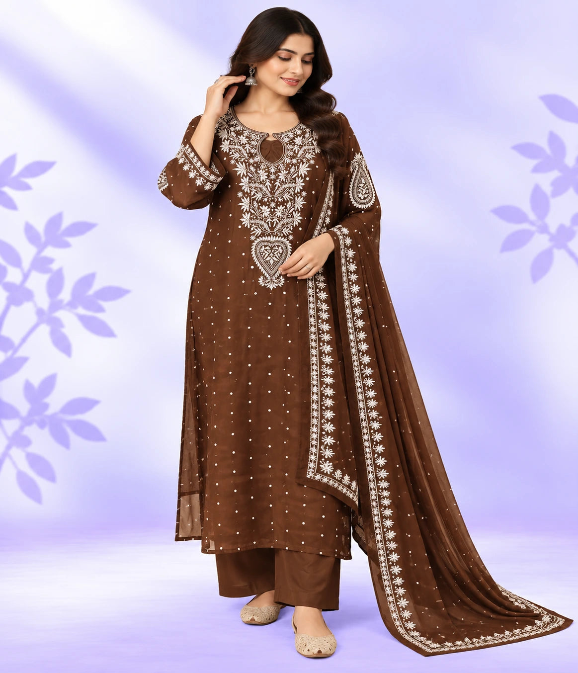 YASHI Luxury Mal Chanderi Handcrafted Chikankari Suit with Kasab, Pearl & Katdana Work
