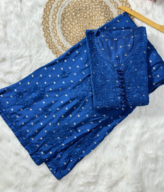 DISHI Blue Pure Chanderi Silk Chikankari Kurta Palazzo Set