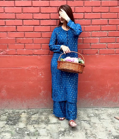 DISHI Blue Pure Chanderi Silk Chikankari Kurta Palazzo Set