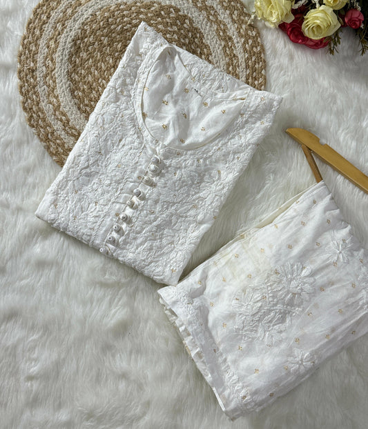 DISHI White Pure Chanderi Silk Chikankari Kurta Palazzo Set