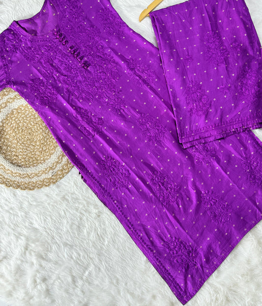DISHI Purple Pure Chanderi Silk Chikankari Kurta Palazzo Set