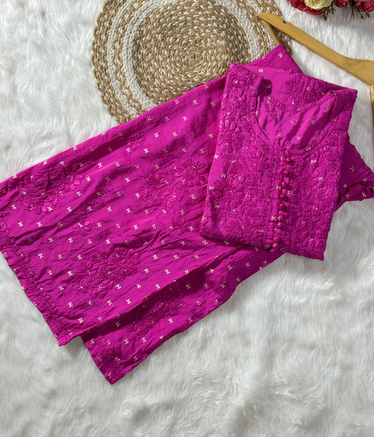 DISHI Fuschia Pure Chanderi Silk Chikankari Kurta Palazzo Set