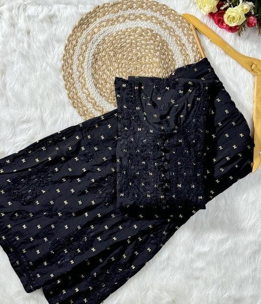 DISHI Black Pure Chanderi Silk Chikankari Kurta Palazzo Set