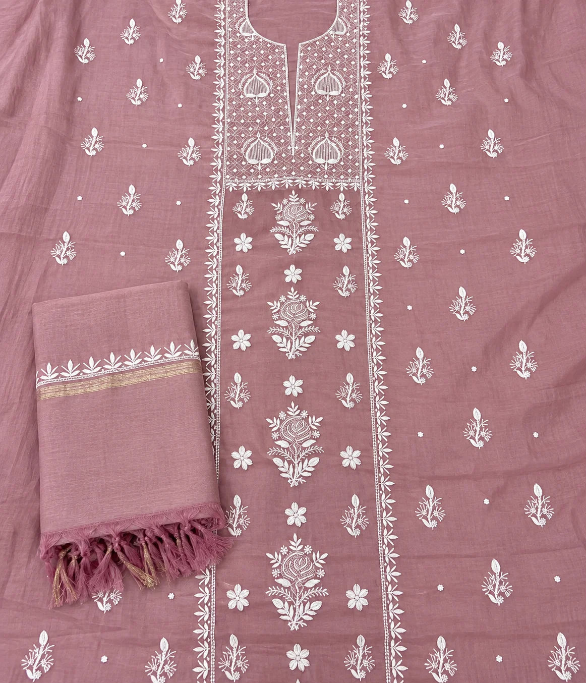 RIYA Pure Mulmul Chikankari Unstitched Kurta with Zari Dupatta & Pearl Work