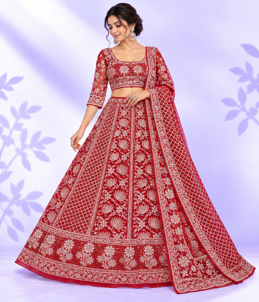 SHIVIKA Pearl & Cutdana Handwork Viscose Georgette Lucknowi Chikankari Lehenga Set – Dyeable