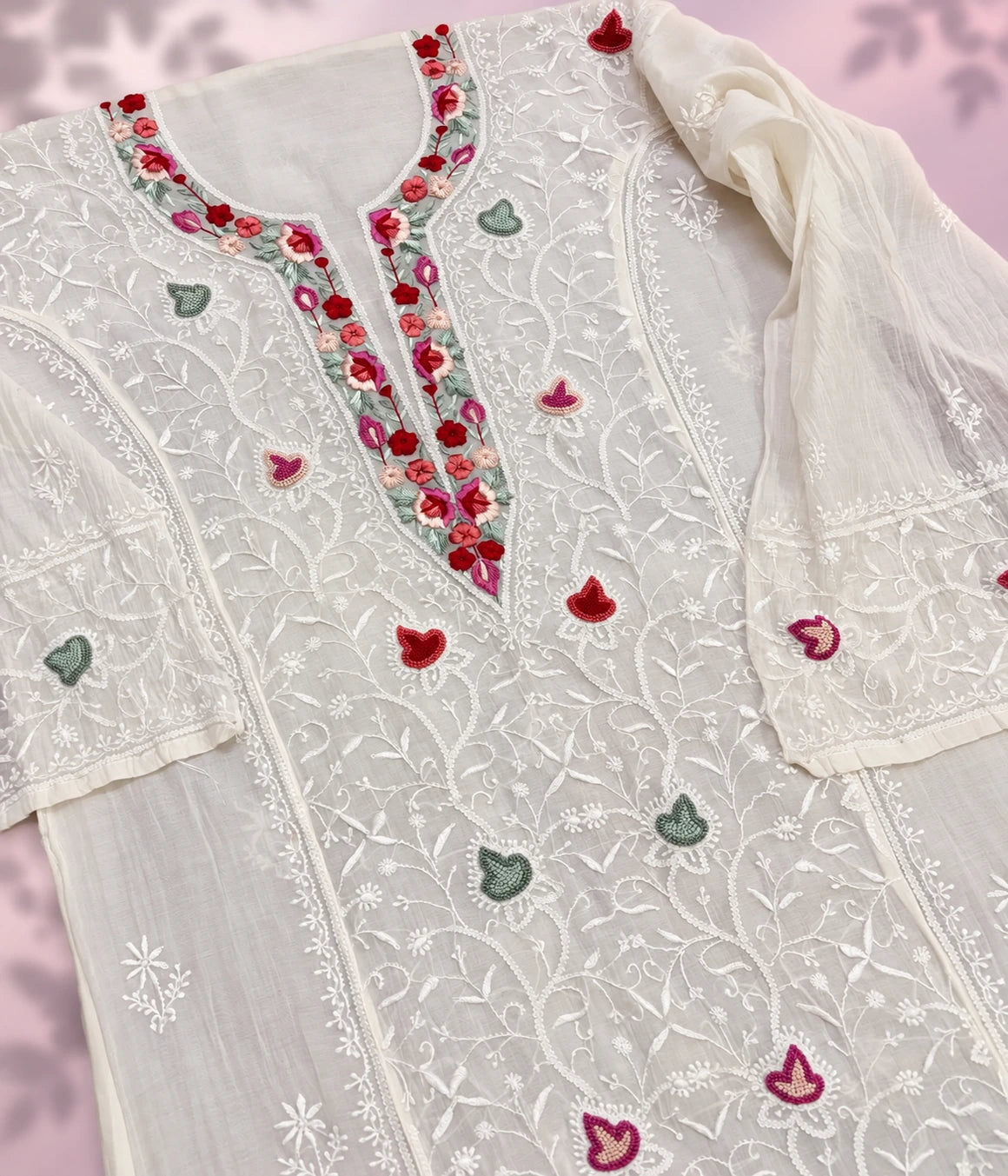 ADYA Mal Chanderi Semi-Stitched Chikankari Kurti with Farsi Work & Dupatta