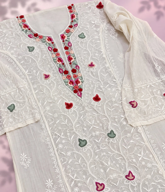 ADYA Mal Chanderi Semi-Stitched Chikankari Kurti with Farsi Work & Dupatta