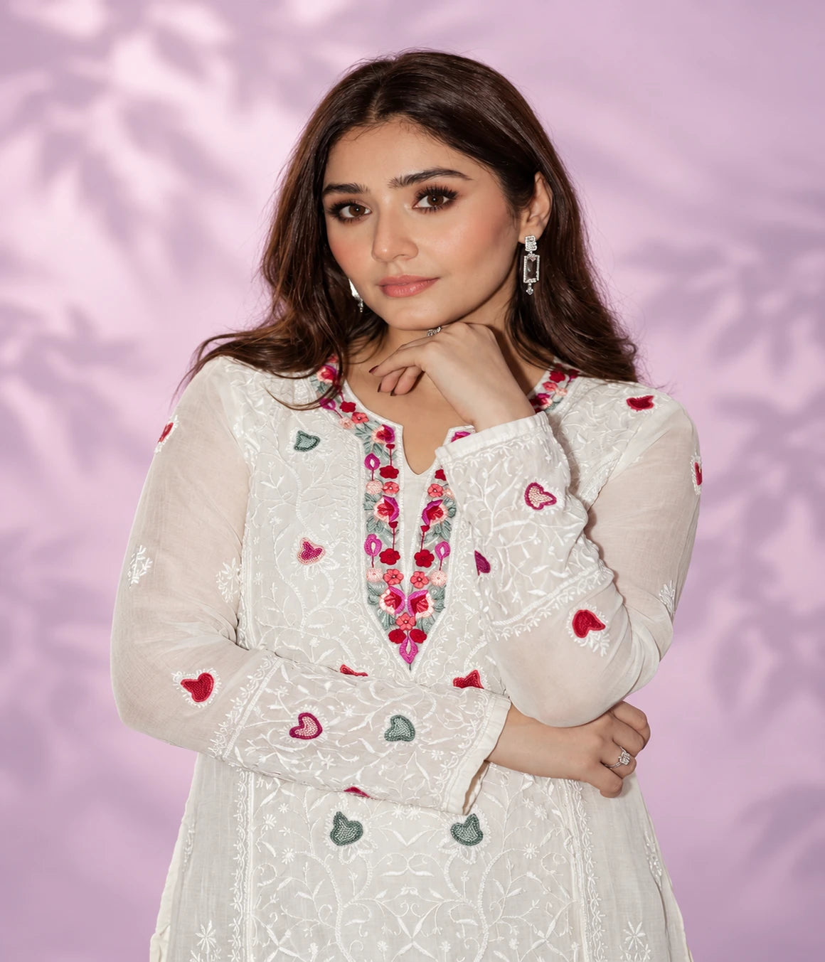 ADYA Mal Chanderi Semi-Stitched Chikankari Kurti with Farsi Work & Dupatta
