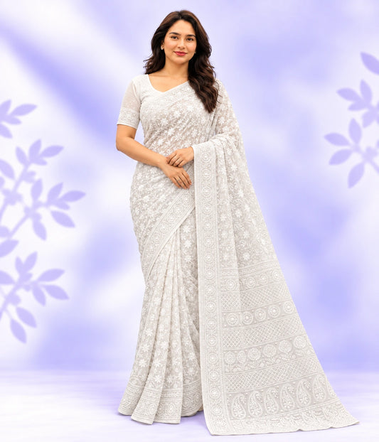CHITRA  Viscose Lucknowi Chikankari Saree with Pearl Work Sequence cut daana  | Dyeable in Your Choice of Colour