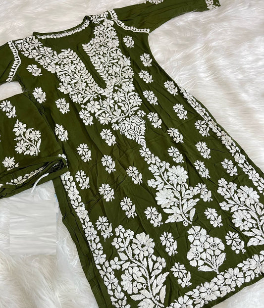 NATASHA Dark Green Pure Modal Chikankari Kurta Palazzo Set