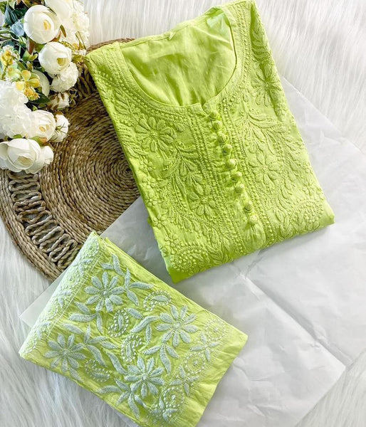 PARI Lemon Green Cotton Dobby Chikankari Kurta Pant Set