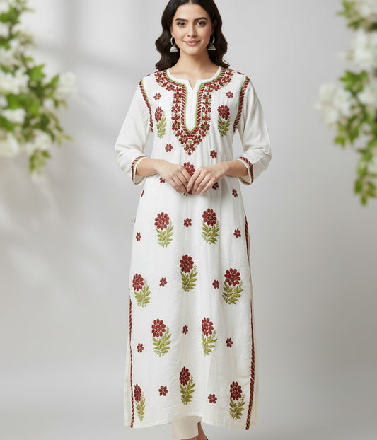 MAYA Red Pure Chanderi Chikankari kurti