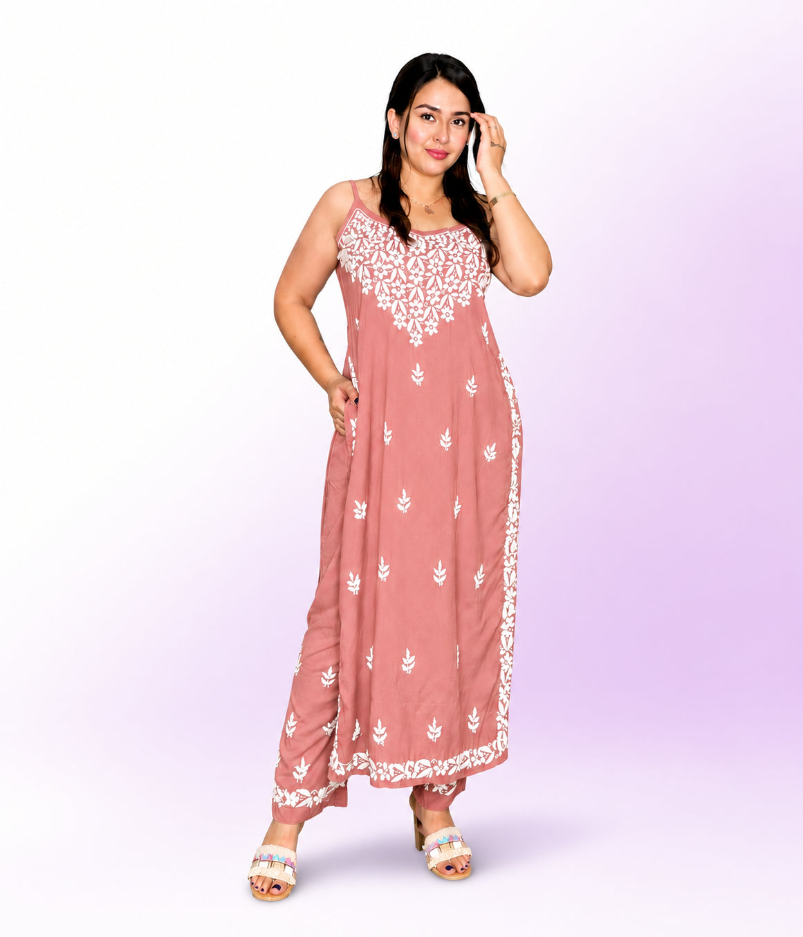KIRAN Pure Modal Noodle Strap Chikankari kurti and Palzzo set