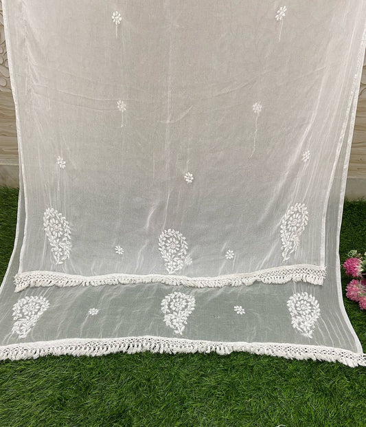 LATA White Boota Chiffon Chikankari Lace Dupatta