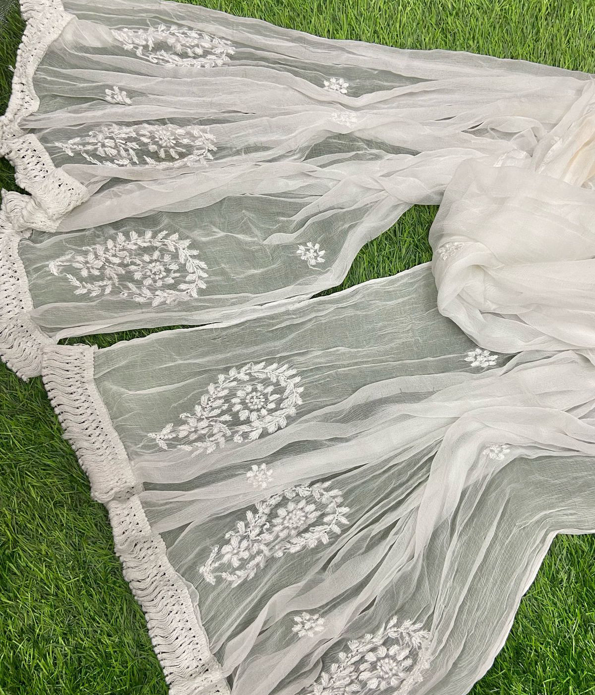LATA White Chikankari Chiffon Dupatta