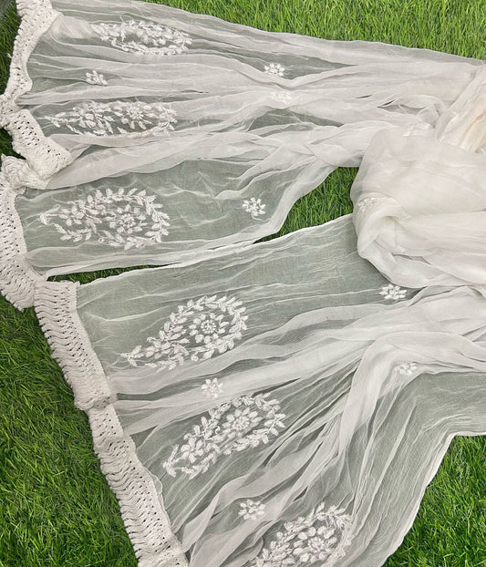 LATA White Chikankari Chiffon Dupatta