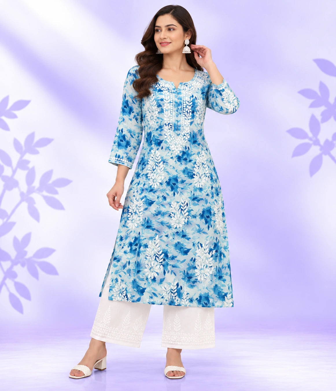 NISHU Premium Mulmul Printed Lucknowi Chikankari Kurta Pant Set for Women