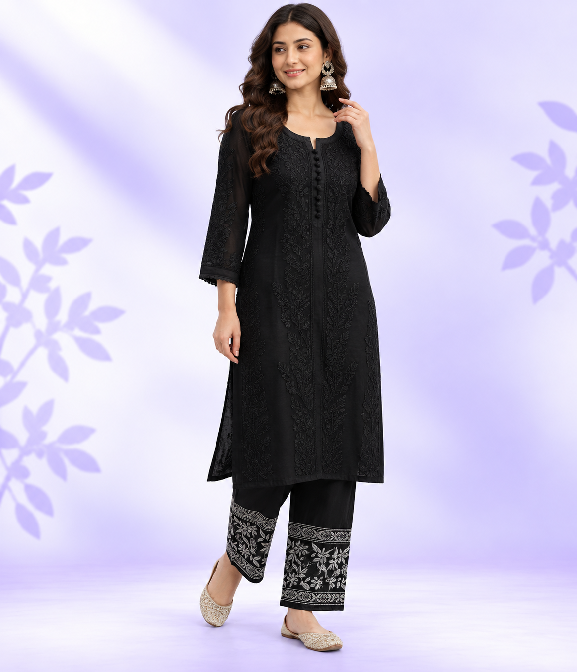 PARI Black Cotton Dobby Chikankari Kurta Pant Set