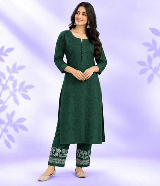 PARI Bottle Green Cotton Dobby Chikankari Kurta Pant Set