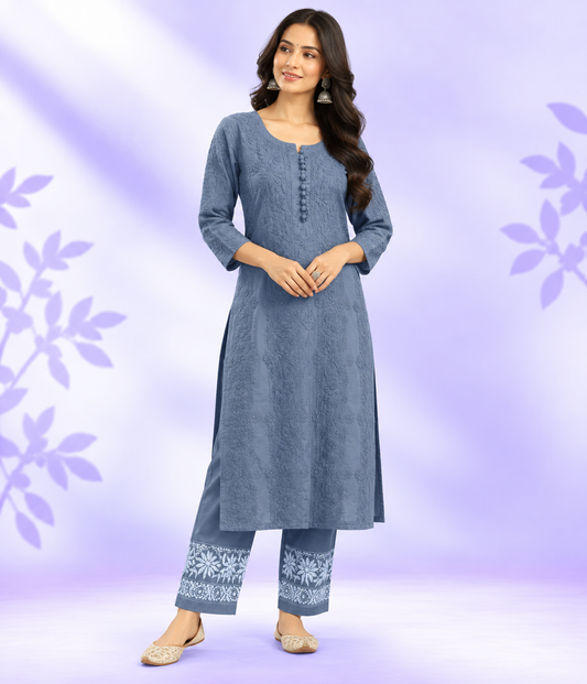 PARI Grey Cotton Dobby Chikankari Kurta Pant Set