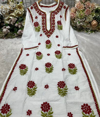 MAYA Red Pure Chanderi Chikankari kurti