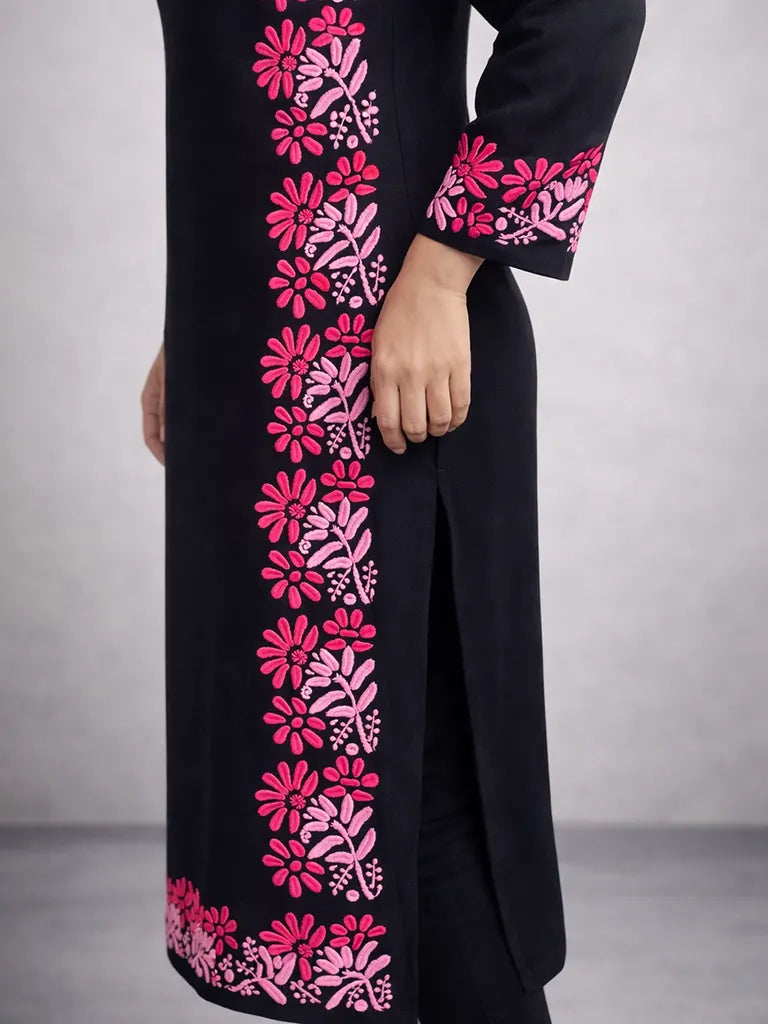 Full length black Chikankari cotton kurti with pink floral embroidery for women